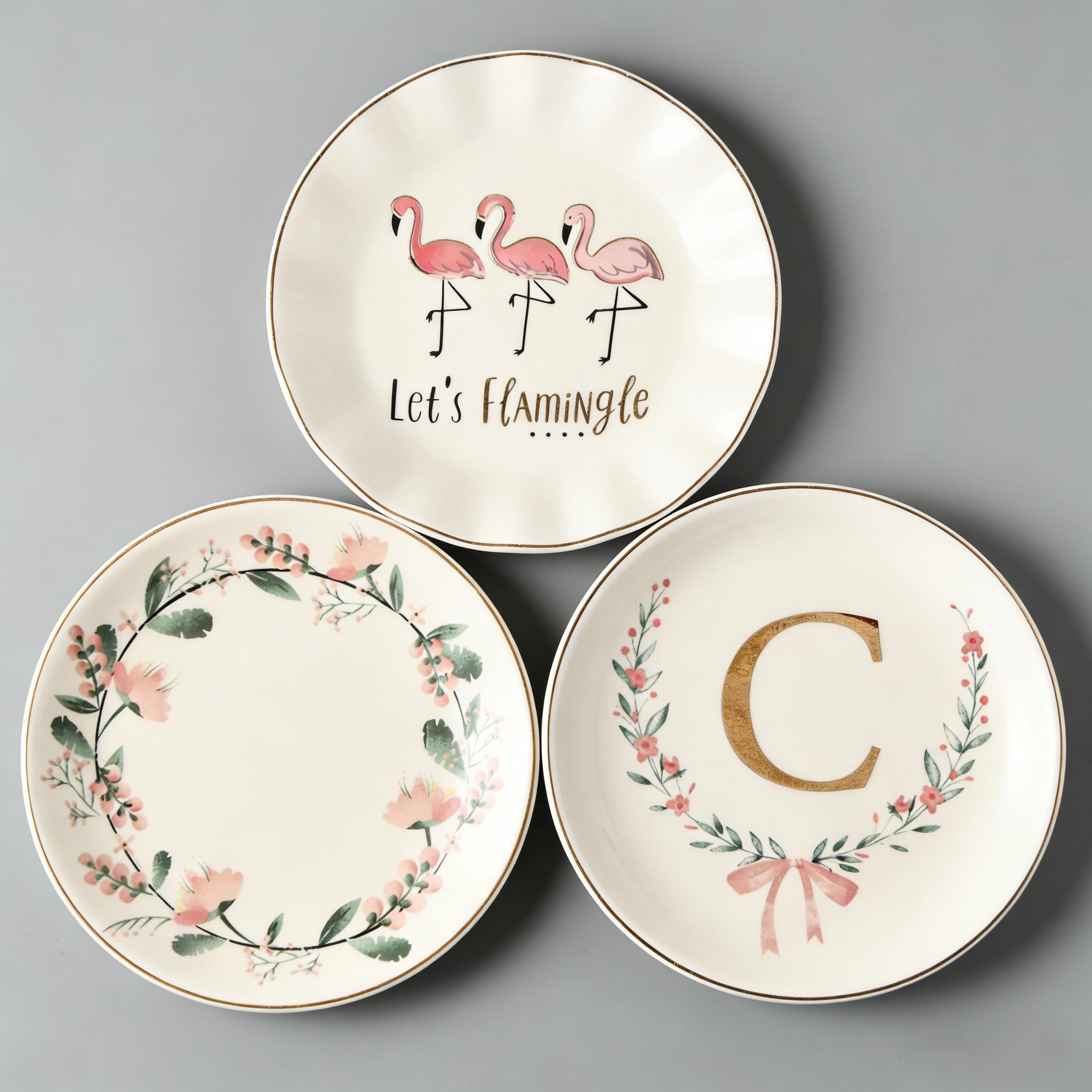 BOOVO HOME Ceramic Jewelry Tray, 6.3" x 5.9" Decorative Trinket Dish with Letter, White Surface, Small Organizer for Rings Earrings Necklaces Bracelets Watches Keys, Birthday Mother's Day Christmas Gift for Women