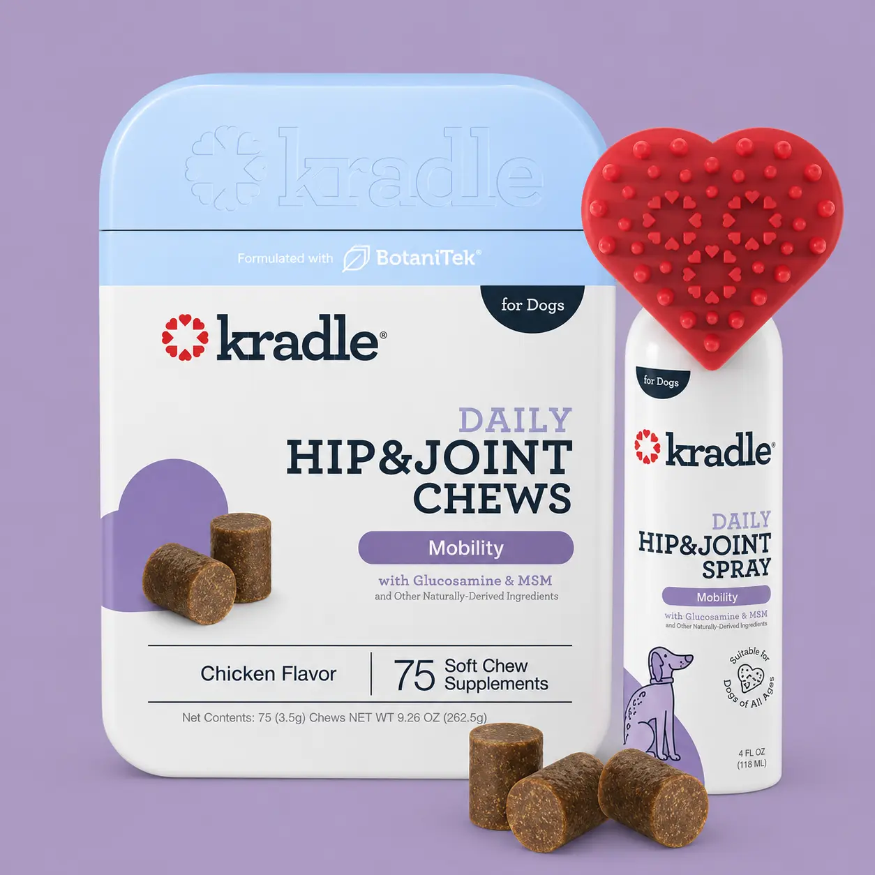 Kradle Hip & Joint Duo for Dogs | Hip & Joint Chews (75 ct) with Hip and Joint Spray (4 oz)