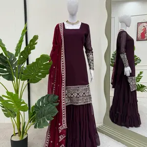 Women maroon  shararar set georgette wedding casual party wear Mehendi simple