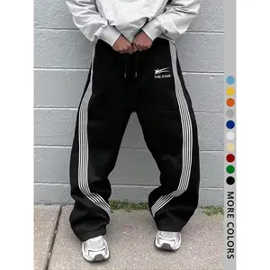 Men's letter, star, and stripe printed drawstring sports pants, sports bottoms, regular casual street stretch pants for autumn and winter, men's long pants for daily wearRAIMENTRY