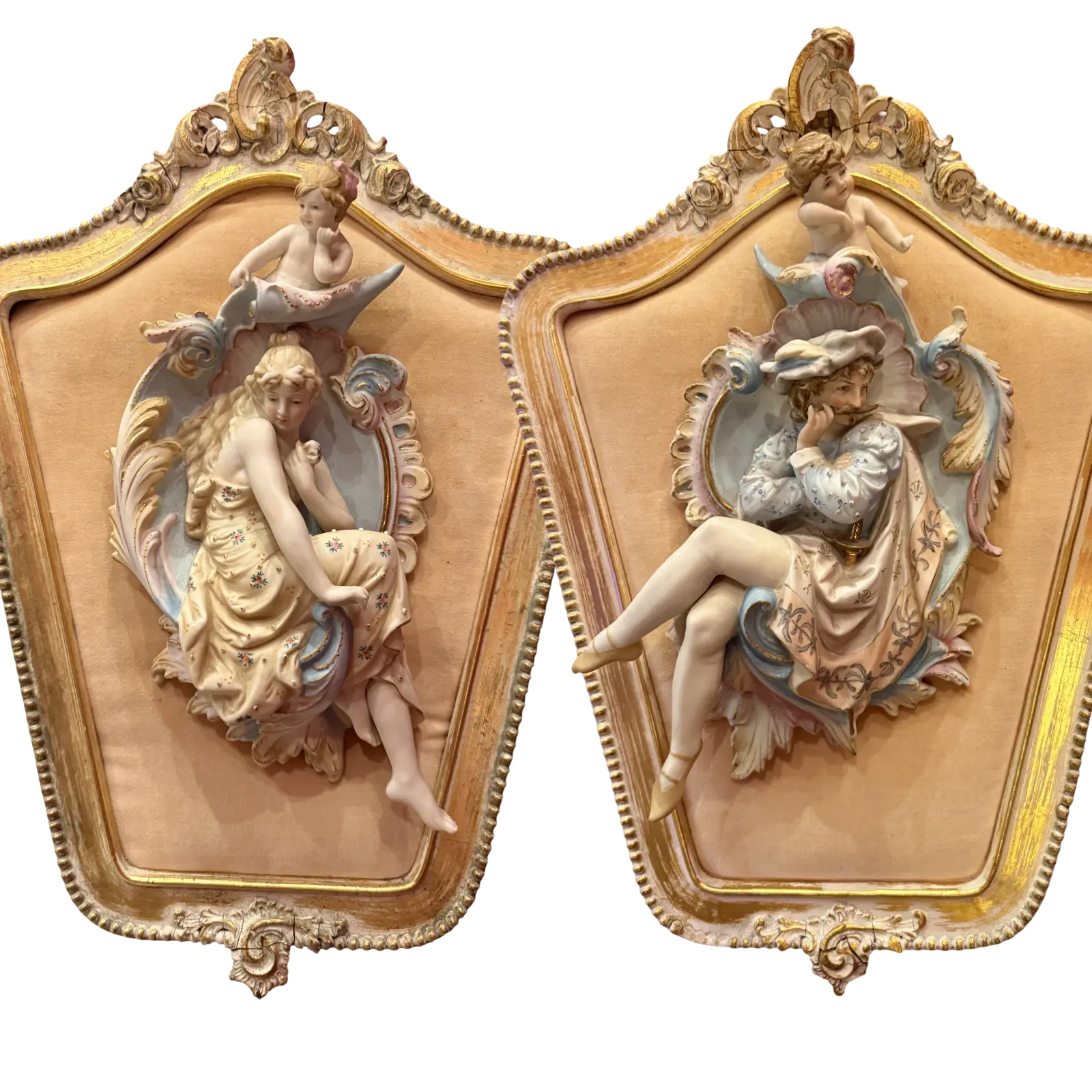 Vintage Rococo Style Cherub & Maiden Wall Plaque Pair