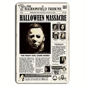 Retro Halloween Horror Newspaper Metal Sign Featuring Iconic Mask Ideal for Spooky Home Decor Halloween Gatherings and Horror Enthusiasts Perfect for Indoor Outdoor Use
