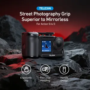 【Camera Not Included】TELESIN Street Photography Grip for DJI Osmo Action 5/4/3 Akaso– Ergonomic Leather Stabilizer Rig with Ultra-Light Cage, Patented Shutter Button, Tripod Mount – Ideal for Vlog, Travel, Urban Exploration, Action Camera Accessories
