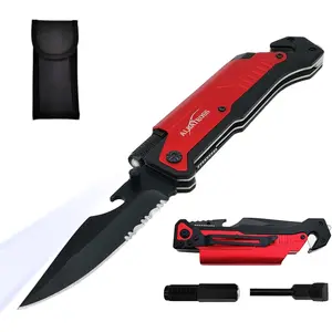 6-in-1 Military Folding with LED Light,Rope,Breaker,Magnesium Fire Starter,Bottle Opener;-Function Emergency Tool(Red)