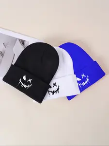 3pcs/2pcs/1pc Funny Smile Face Embroidery Fashion Knitted Winter Hat Graphic Black & White Elastic Knit Hats Unisex Skull Cap Cuffed Beanies For Women Men