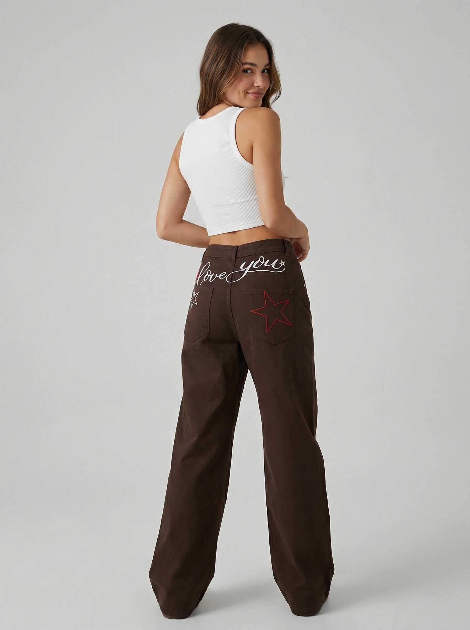 Women’s Baggy Jeans Comfortable Relaxed-Fit Wide-Leg Denim Pants with Y2K-Inspired Coquette Star and Heart Graphics—Cute Everyday Casual Streetwear