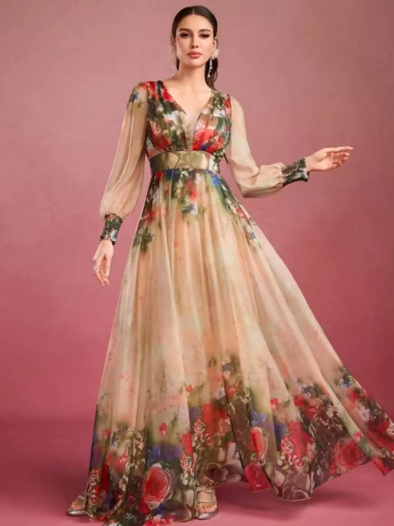 Boho Floral Print Long Sleeve V-Neck Dress, Loose Fit Casual Vacation Dress,  Plus Size Fashion for All Seasons, Casual Wear, Casual Dresses, Womenswear,  Elegance, Lady - TikTok Shop