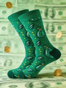 Deep Colorblock Money Bag Mid-Calf Socks, Unisex Fashion, Stable Base with Money Symbol, Breathable Sweat-Wicking