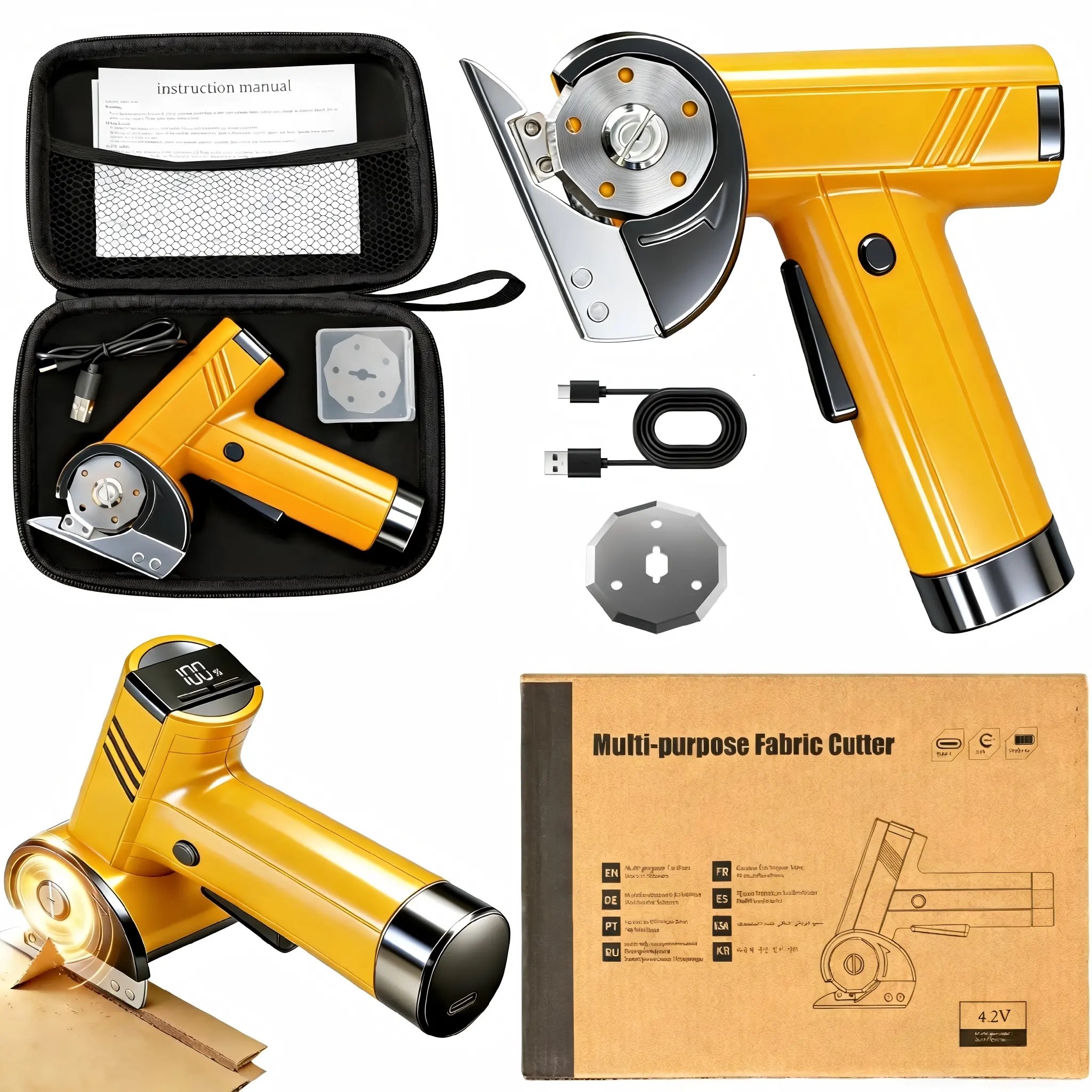 Portable Rechargeable Cordless Electric Cardboard Cutter - 4.2V Upgraded Motor, Speed Control, 2 Blades (Includes Blades), Safety Lock, LED Light, 2000mAh Battery, USB Cable, Consistent Power for Boxes, DIY Home Projects, Cordless Tool, Extended Use