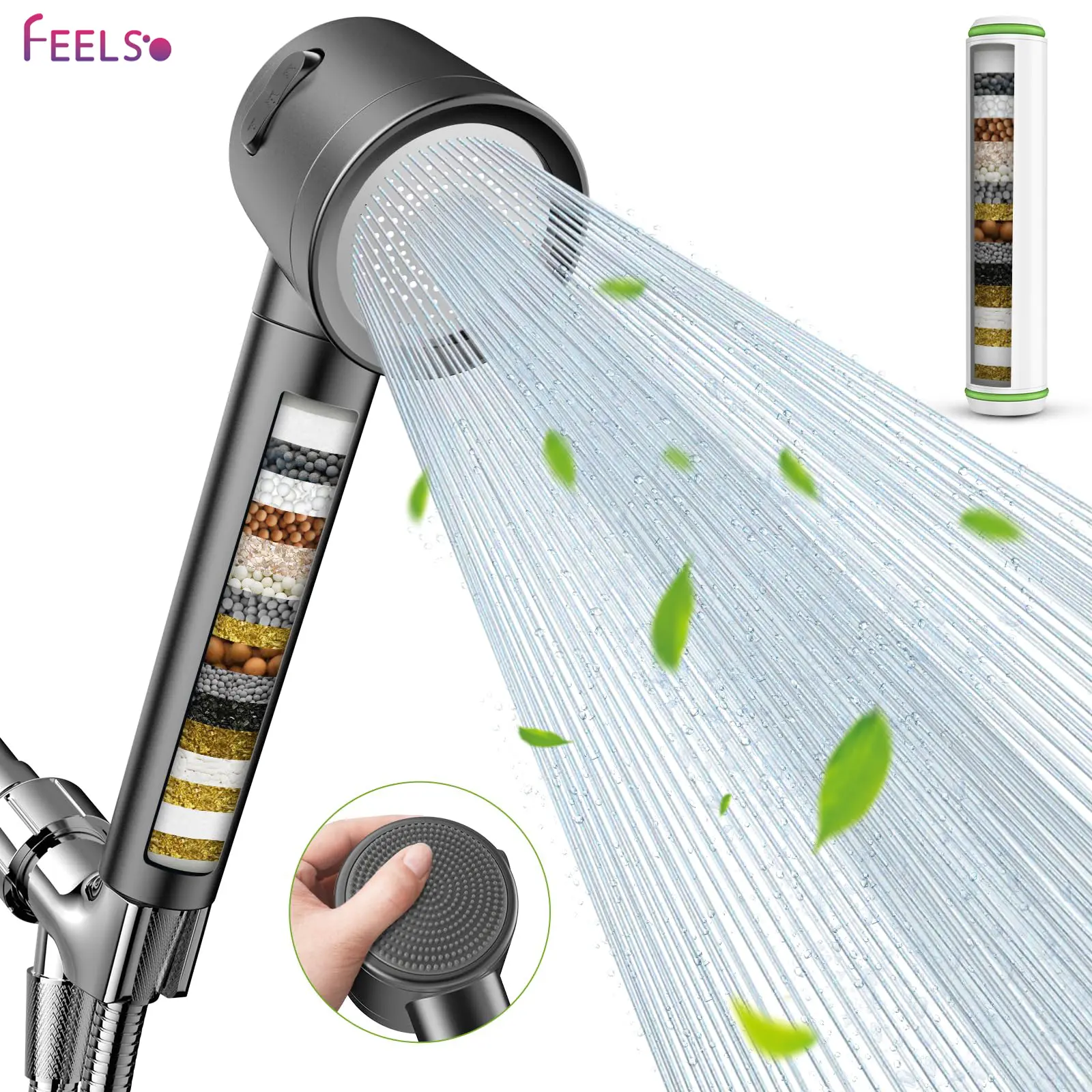 FEELSO Adjustable Detachable Dual-Headed Extensible Water Softener Handheld Showerhead Set, 18-Stage Hard Water Treatment Combo - 3 Spray Modes, High Pressure, Removes Chlorine/Heavy Metals/Impurities, Reduces Dry Skin Irritation for Softer Hair & Skin, W