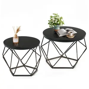 Modern Geometric Nesting Coffee Table Set with Hidden Storage – Round Side Tables