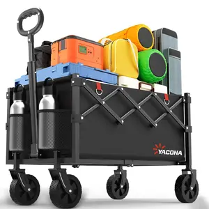 YACONA Wagons Carts Foldable, Lightweight Portable Utility Shopping Cart with Wheels, Folding Grocery Wagon Cart for Grocery, Camping, Shopping, Beach, Garden, Sports Black