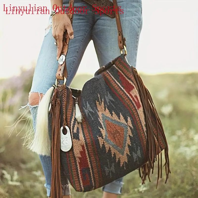 Vintage Bohemian Gym Handbag - Handwoven Tassel, Diamond Pattern, Khaki/Royal Blue, Female Adult Fashionable Purse, Boho Shoulder Bag for Casual Use, Boho Shoulder Bags, Tassels, Adults, Synthetics, Zip, Casual Wear