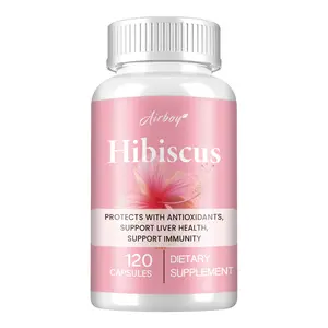Airboy Organic Hibiscus Dietary Supplement, 120 capsules per bottle, 1100 mg, supports liver, digestive and immune health.