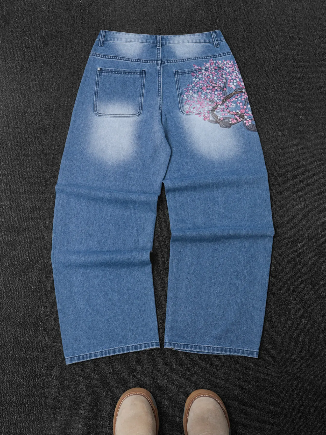 Men's Vintage Y2K Style Loose Wide Leg Denim Jeans, Floral Sakura