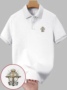 Business Casual Mens Textured Polo Shirt with Crown Thorn Cross Print for Daily Office and Leisure Activities