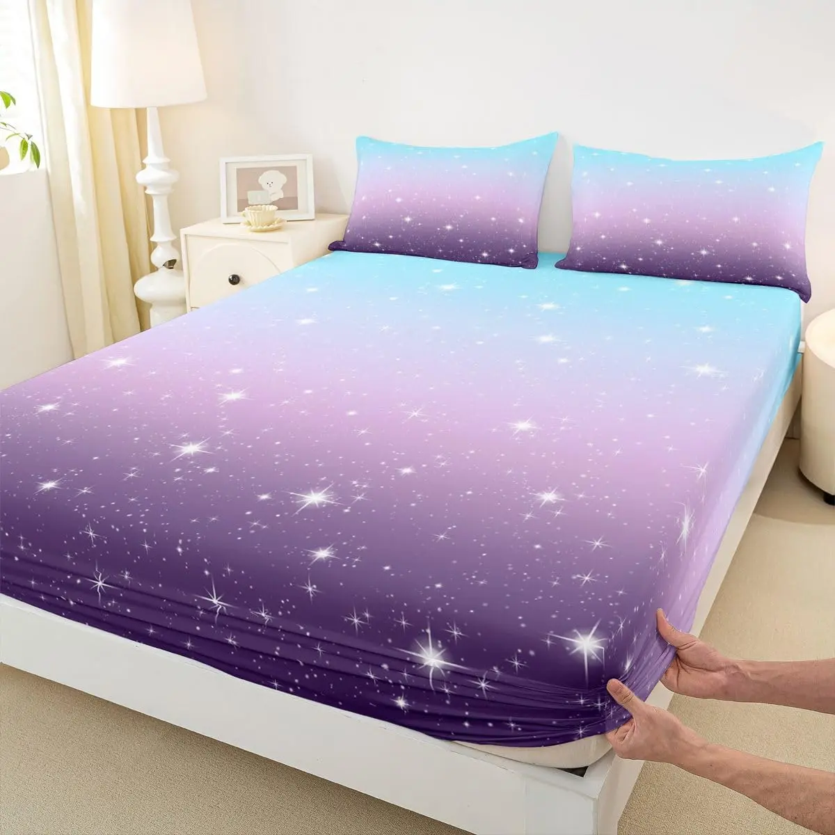 Kids Space Star Glitter Fitted Sheet Ombre Blue Purple Gradient Bedding Set,Starry Sky Bed Sheet Women Bedroom,Pastel Sparkle Fitted Bed Sheets with Deep Pocket