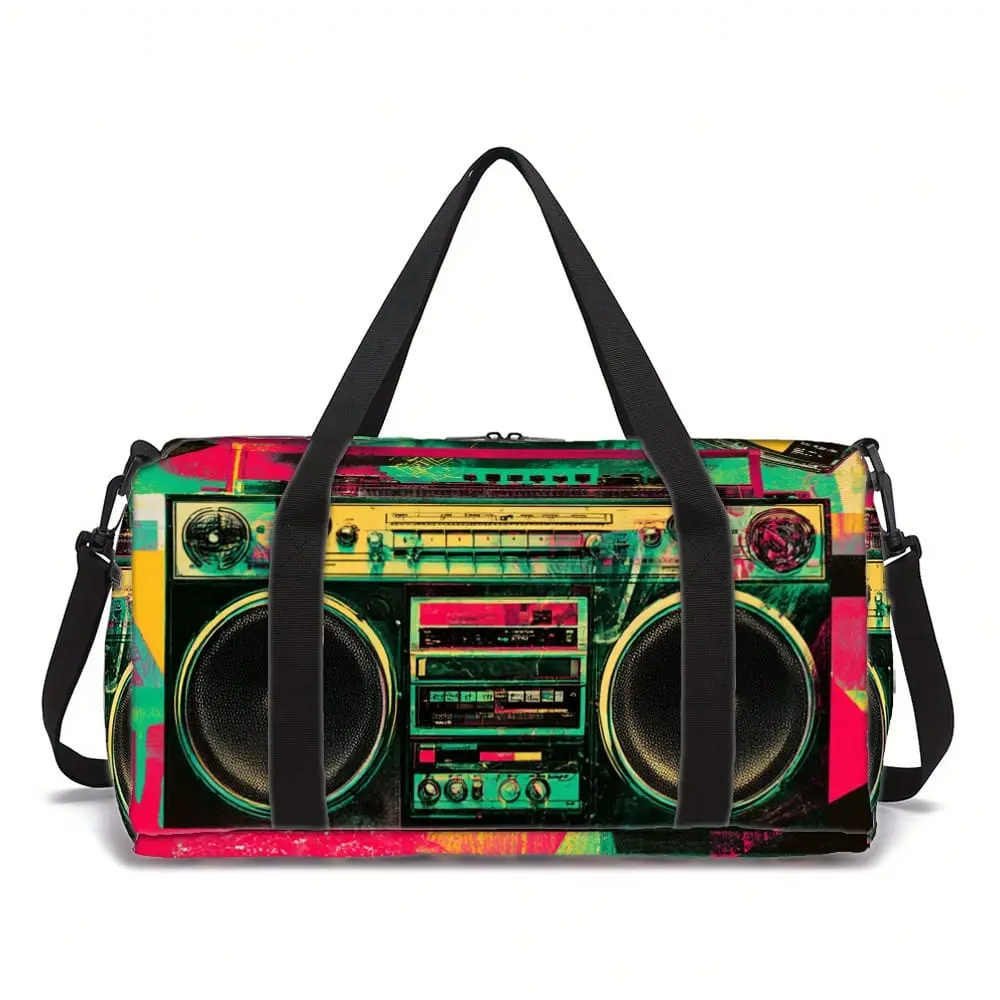 Retro Cassette Tape Print Duffel Bag, Gym Bag, Lightweight And Compact, Unisex, Suitable For Daily Fitness, Sports, And Short Trips.