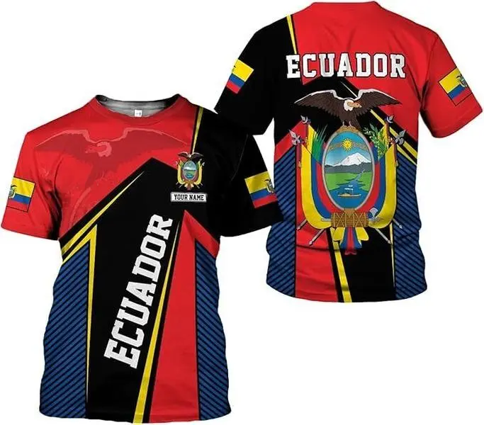 Ecuador Personalized Name Double Sided Graphic Shirt, National Flag and Coat of Arms Eagle All Over Print, Red Black Yellow Crew Neck or V-Neck T-Shirt, Unisex Ecuadorian Pride Gift, Size S-5XL