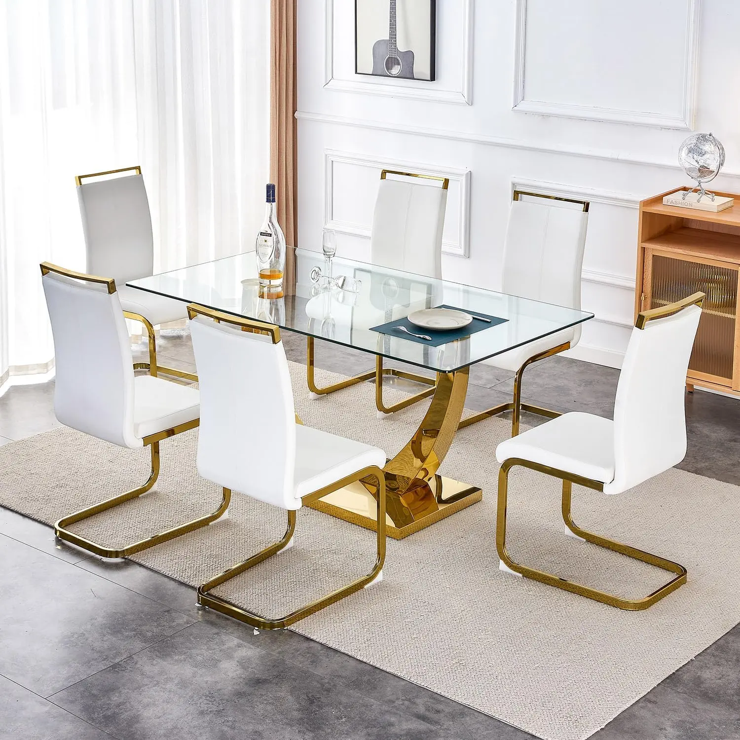 63" Modern Glass Dining Table Set for 6 – Rectangle Tempered Glass Top ...