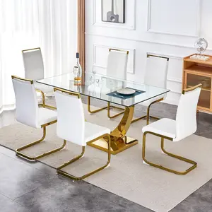 63" Modern Glass Dining Table Set for 6 – Rectangle Tempered Glass Top with Gold Base & PU Leather Chairs