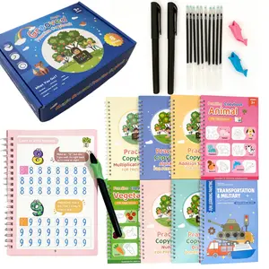 Magic Reusable Grooved Practice Copybook Set - 8 Books, 2 Pens, 10 Pen Cartridges, Early Learning Office Stationery for Preschool Toddlers 3+ for Numbers, Alphabet, Drawing Tracing