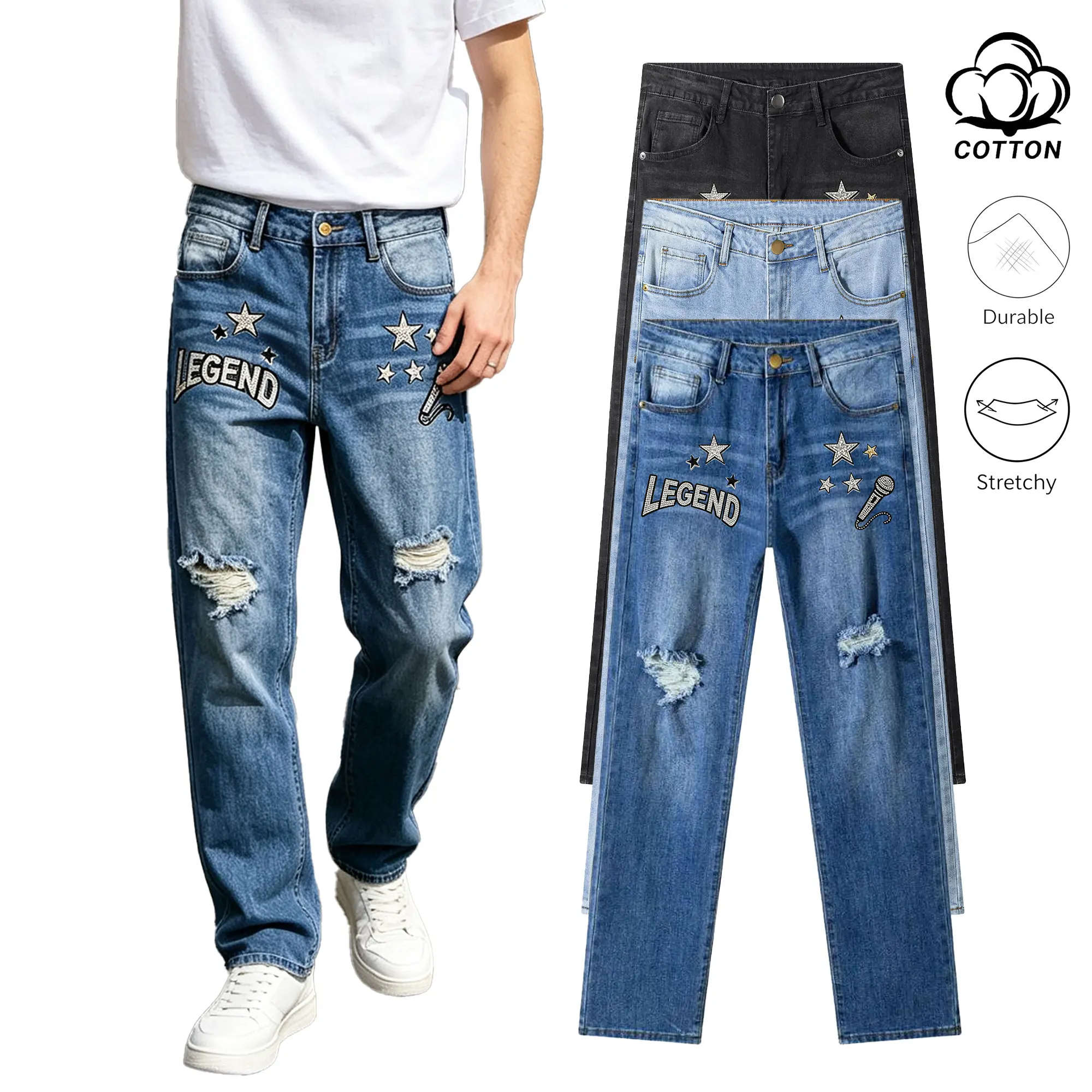Men's Ripped Stretch Jeans with Rhinestone & Embroidered Legends - Straight Leg Distressed Denim Pants with Star & Mic Graphics, Casual Streetwear Trousers, No-Logo, 30-40, Fast US Shipping #RippedGraphicJeans #StreetwearDenim #TikTokMadeMeBuyIt