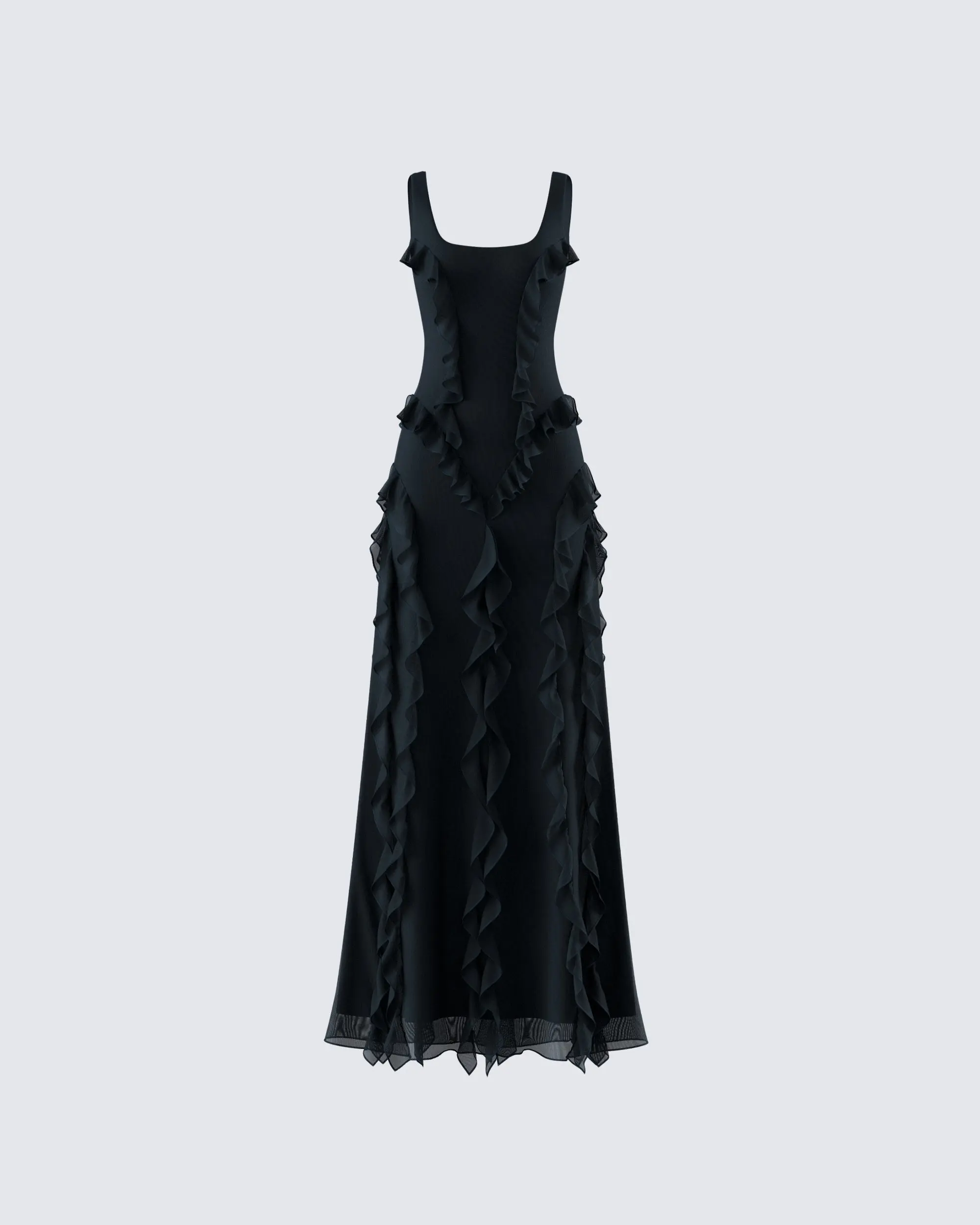 Women's Formal Fitted Katelyn Black Ruffle Maxi Dress - Gothic, Alt-Style Evening Dresses with Dark Romance Aesthetic, Formal Wear, Formal Dresses For Women