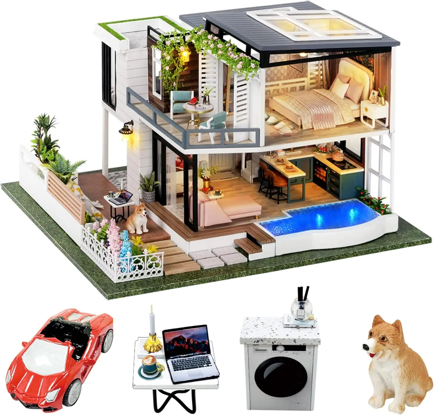 Spilay 1:24 Scale DIY Wooden Dollhouse Miniature Kit - West Creek House, 2.54 lb, 8.07x9.65x6.1 in, with Furniture, Cloth, Dust Cover, Music Box, Car, Manual Handmade Craft Gift for Adults (Birthday, Thanksgiving) for Friends