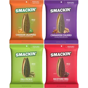 Crunchy SMACKIN’ Sunflower Seeds 4-Flavor Variety Pack - 4oz Bags (Cheddar Jalapeño, Backyard BBQ, Dill Pickle, Cinnamon Churro) Snack