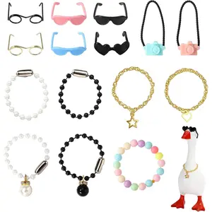 15pcs 7in Desk Goose Outfits, Mini Porch Goose Accessories with Sunglasses Camera Pendant Necklaces Collar Heart Star Gold Chain Fun Clothes Costume Set for Magnetic Table Geese Statue Decor
