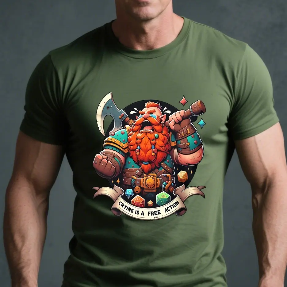 Fantasy Dwarf Warrior T-Shirt, RPG Dice Gaming Shirt, Crying is a Free Action Tee, Roleplaying Game Enthusiast Gift, Geeky Apparel, unisex shirt