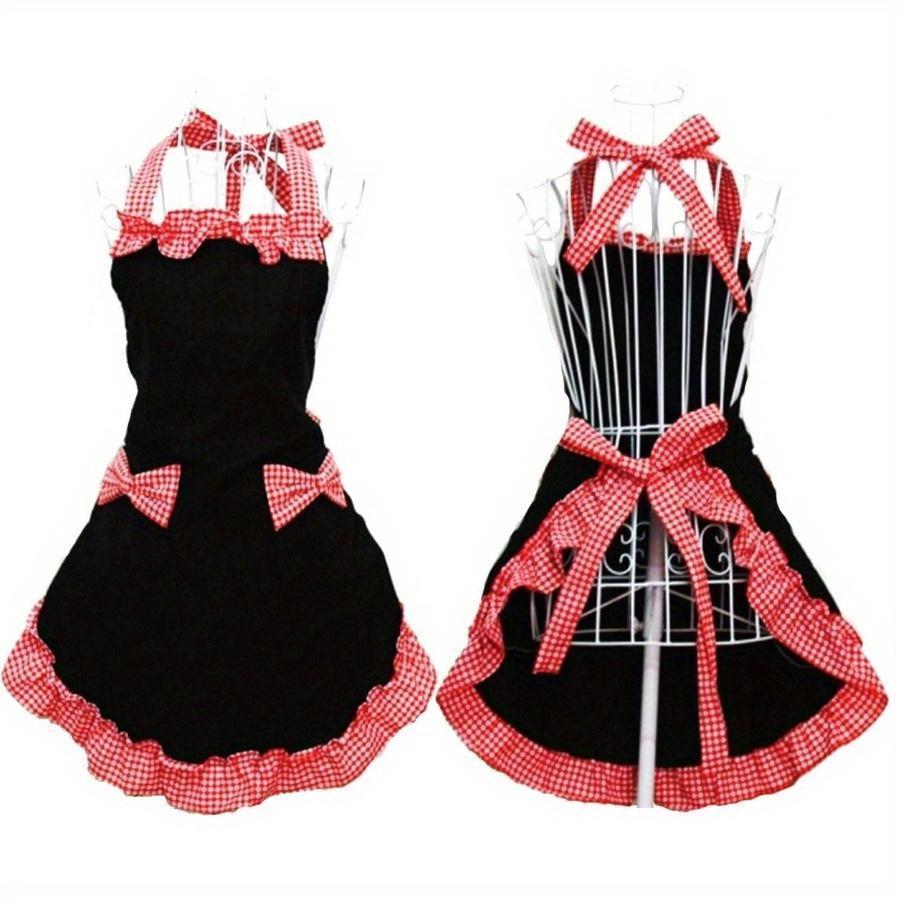 Vintage-Style Adjustable Apron with Red & White Checkered Bow Pocket, Durable Polyester, Perfect for Cooking, Baking & Easter Kitchen Wear, Baking Attire | Vintage Apron | Durable Apron