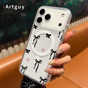 Clear Magnetic Phone Case for iPhone 17 Pro Max 16 Plus 15 14 13 12 11 Air E Bows and Hearts Pattern Acrylic Back Soft Silicone Edge Anti-Fingerprint Hard Cover Gift for boy girl
