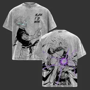 Gojo Satoru Limitless Technique Vintage Washed T-Shirt, Nah I’d Win Iconic Quote Anime Tee, Purple Infinity Energy Graphic Shirt, Oversize Streetwear Anime Tee, Jujutsu Sorcerer Power Aesthetic Design 90s