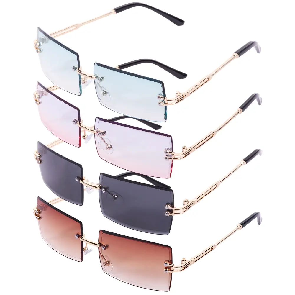 4Pcs/Set Rimless Rectangle Sunglasses for Women Men,Vintage Frameless Tinted Lens Glasses with Gold Metal Frame for Beach & Festival,Halloween Christmas Party Gifts