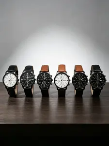 6PCS Men's PU Leather Strap Mixed Scale Dial Fashion Business Style Quartz Watch Set, Business Fashion Watches, Daily Wear
