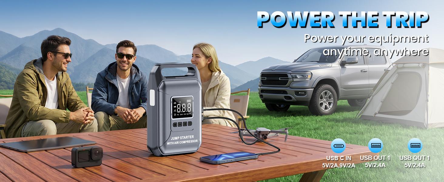 Soulor 4000A Ultra-Safe Jump Starter – Starts all 12V battery vehicles. Features 160 PSI air compressor, 18W fast charging, tire pressure check, and LED light. Includes jumper cables, air hose, storage bag, and 4 inflation nozzle sohochic