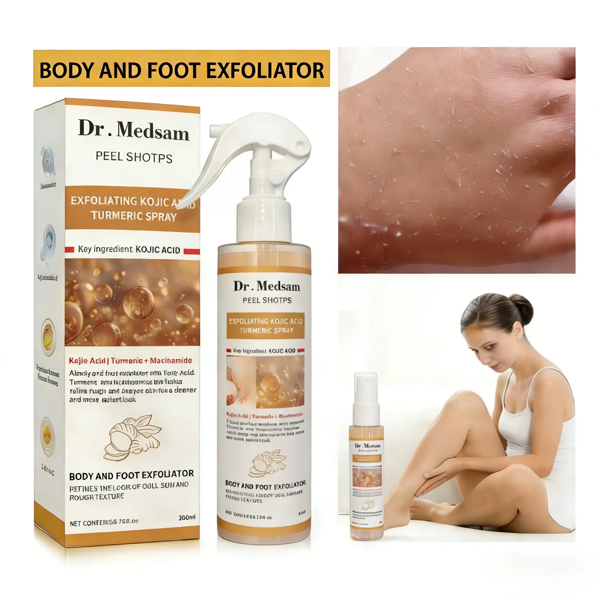 Peel Shot Kojic Acid Turmeric Body Exfoliating Spray 200ml- Gentle Exfoliation for Smooth Skin, Pore Dead Skin Cleansing, Hydrating & Nourishing, Non-Irritating Daily Body Care for All Skin Types