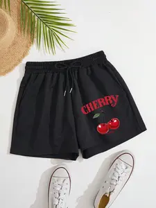 Women's Cherry & Letter Print Drawstring Waist Graphic Shorts, Casual Pocket Track Shorts for Daily Wear, Ladies Bottoms for All Seasons, Clothes for Women, Womenswear