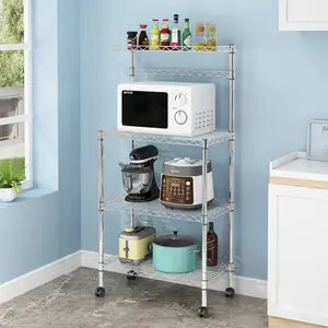 Four-tier Microwave Oven Storage Rack, Kitchen Organizer Shelf, Space Saving Durable Rack with Mesh and Rolling Wheels