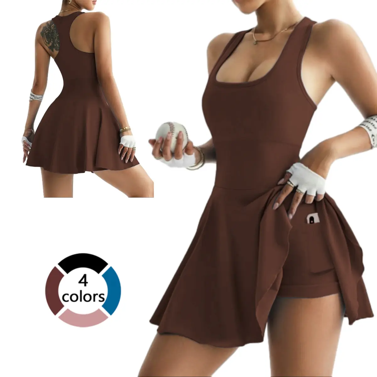 Women's Sports Tank Dress, Racerback High-Stretch Athletic Workout Dress for Tennis & Golf with Built-in Bra and Pockets, Workout Athletic Dresses
