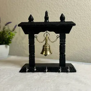 Handcrafted Wooden Key Stand with Brass Bell Black