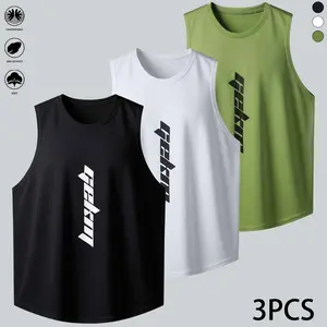 3-piece set: men’s sports tank tops with letter print, breathable; essential for summer workouts, running training, and everyday wear. Summer menswear, men’s tops.