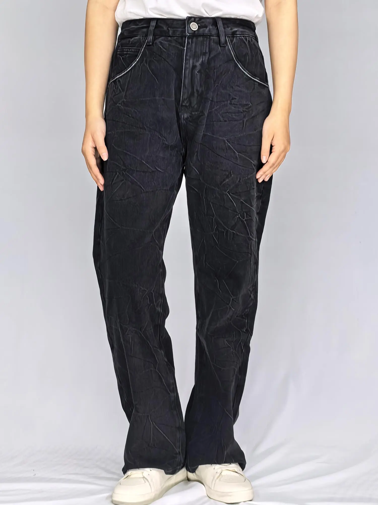Lux Lee Ribcage Straight Micro-Flare Jeans In Mystic Black — Hand-Finished Lightning Crackle Wash, Irregular Texture For Edgy Street Style, Streetwear, Denim, Pocket, Pants, Basic, Casual, Cotton, Loose, Street Wear, Jeans Pants, High Waist, Loose-Fitting