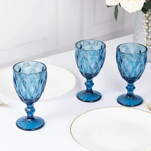 6-Pack Crystal Cut Wine Glasses 12oz Embossed Design Stemmed Ocean Blue 7" - Colored Goblets for Cocktails & Drinks