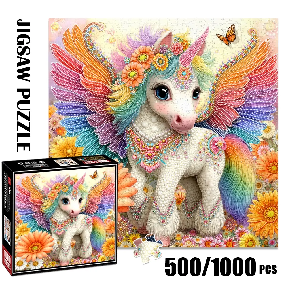 1pc 1000 piece adult puzzle 58x58cm Colorful Winged Unicorn with Flower Crown and Jewels 500 pieces paper jigsaw puzzle suitable for DIY creative games for adults and families, birthday and holiday