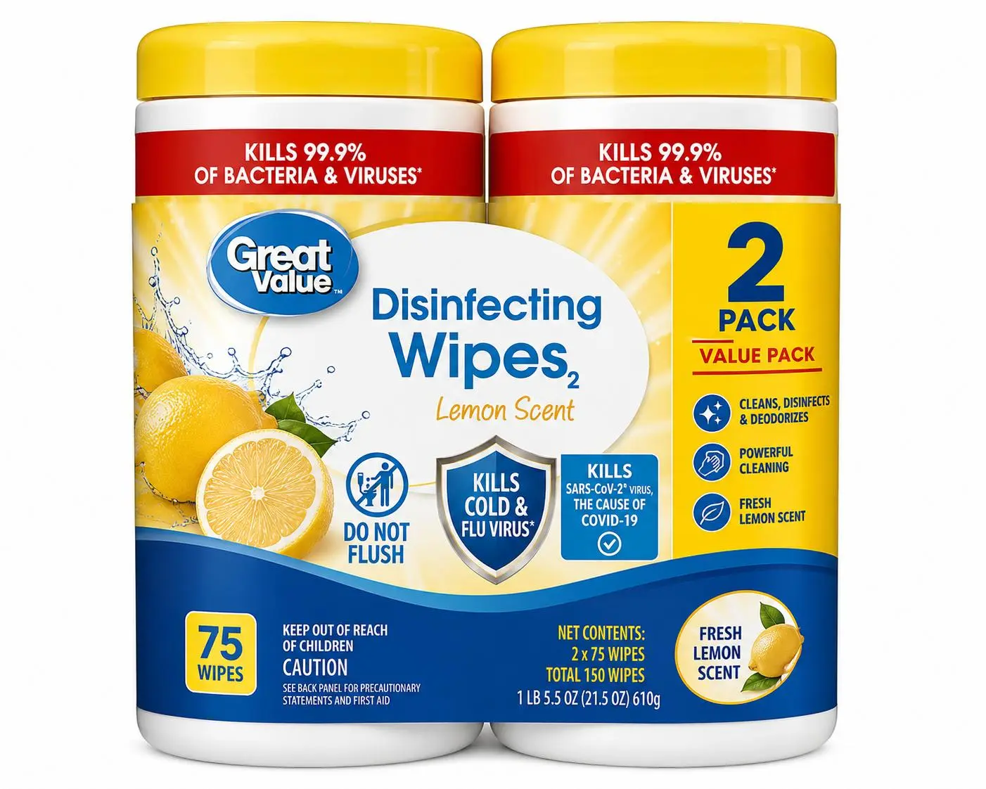 Great Value Lemon Scent Disinfecting Wipes, 75 Count, 2-Pack – Multi-Surface Cleaning Wipes for Home, Kitchen & Bathroom Household Perfume