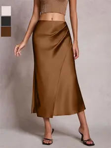 Elegant Pleated Satin Midi Skirt, 2026 New Fashion, Comfortable Elastic Waist, Versatile Solid Color Design for Everyday Wear