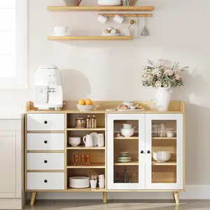 White Farmhouse Wood Sideboard Buffet Cabinet - Multi-Functional Indoor Cupboard with Adjustable Shelves, Glass Doors, Open Storage, Quick Setup for Kitchen, Dining Room
